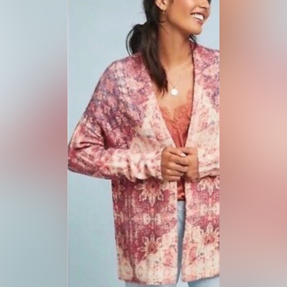 Anthropologie Akemi-Kin Laurel Canyon Pink and Cream Floral Cardigan Small